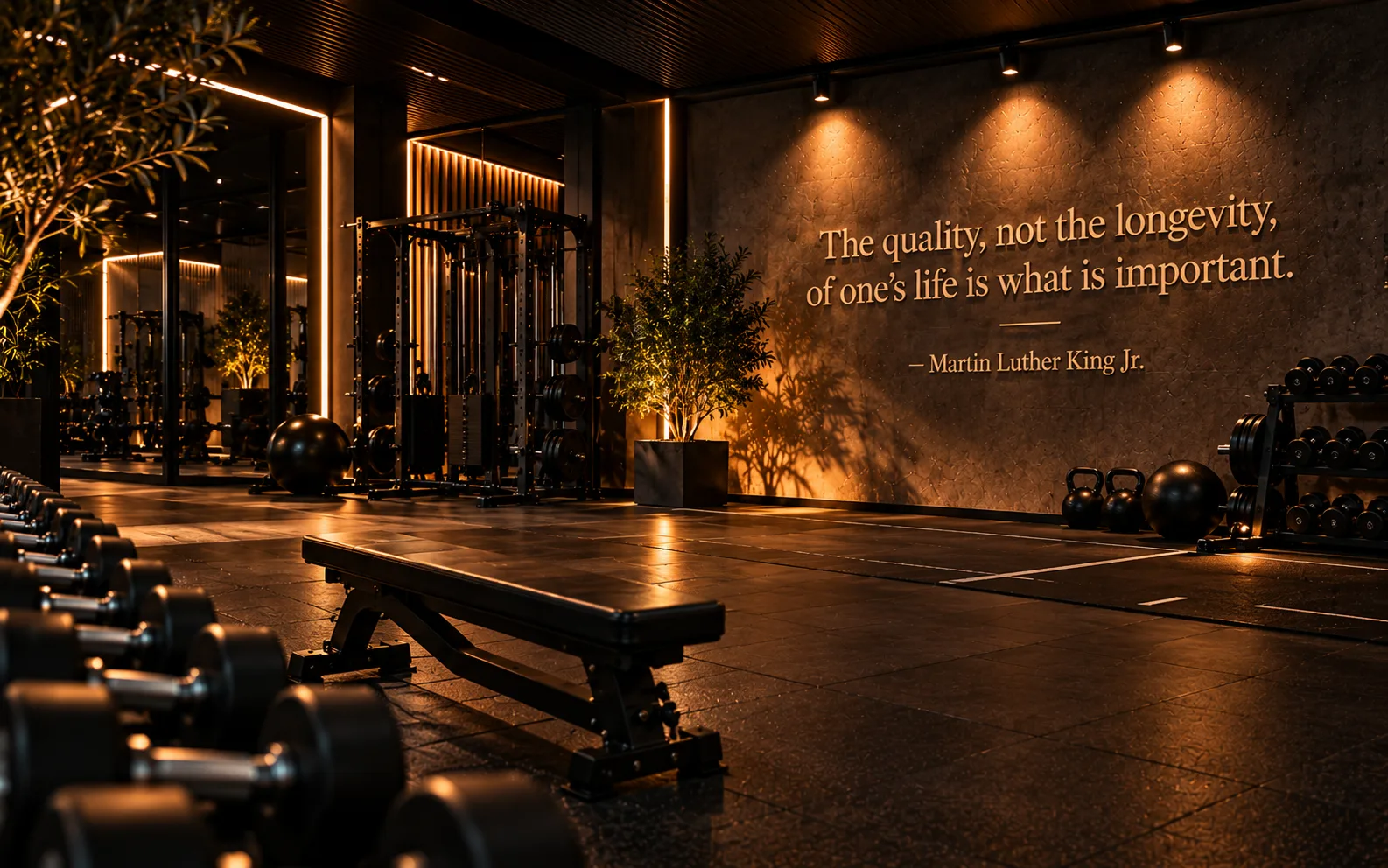 Warmly lit gym with a Martin Luther King Jr. quote on the wall