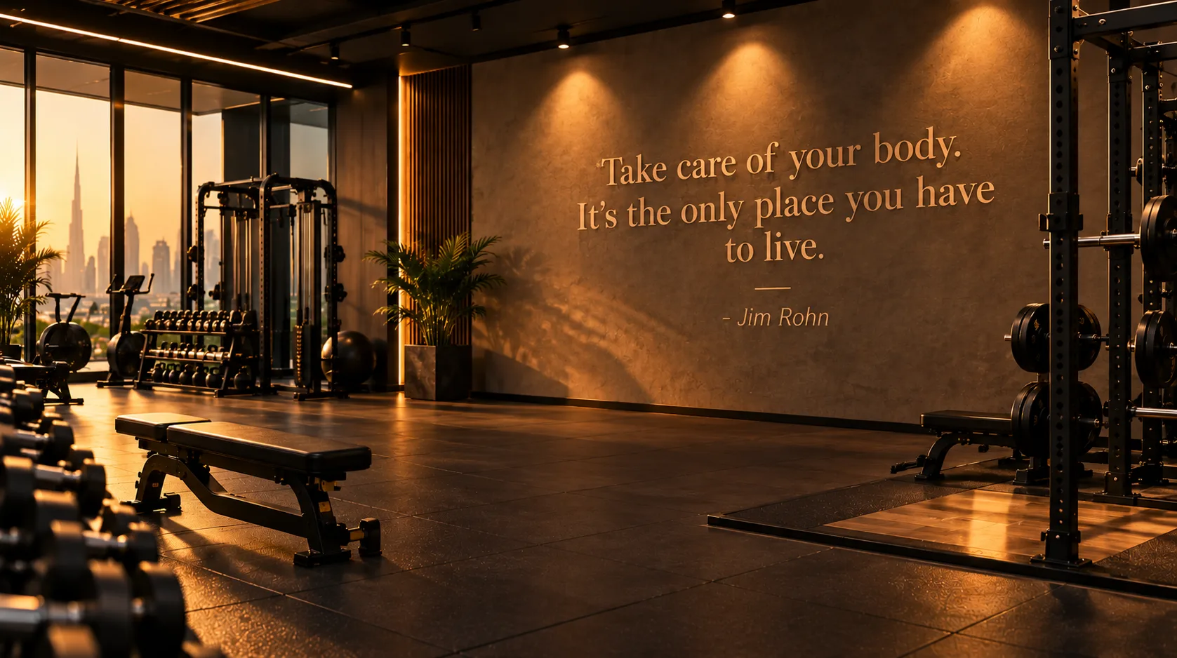 Gym overlooking the Dubai skyline with a Jim Rohn quote on the wall