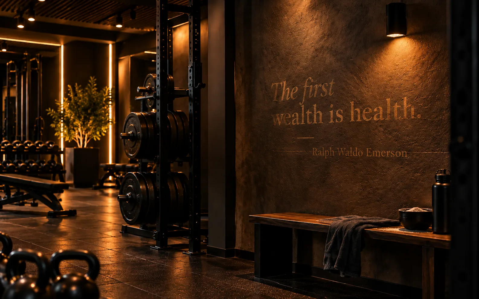 Gym wall reading 'The first wealth is health' by Ralph Waldo Emerson