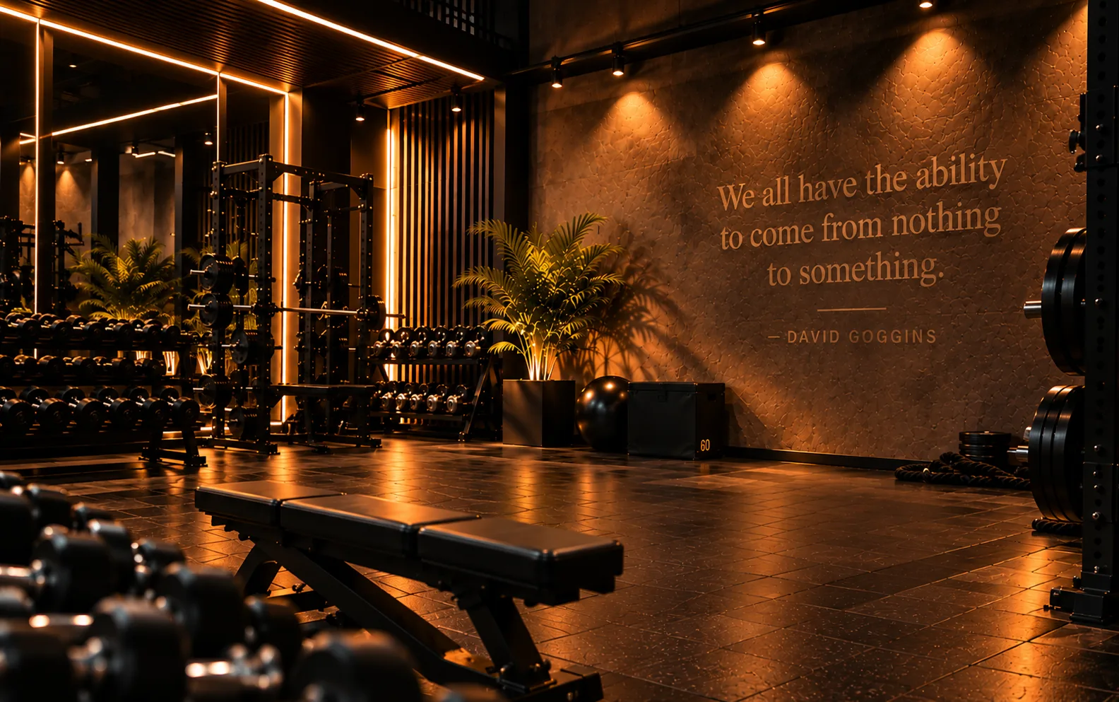 Gym with a David Goggins quote on the wall
