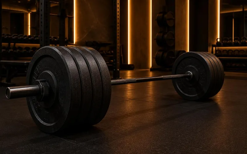Loaded barbell on a dark gym floor with warm wall lights