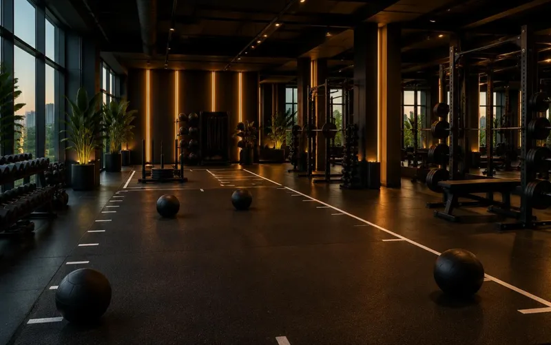 Open gym floor with medicine balls and squat racks