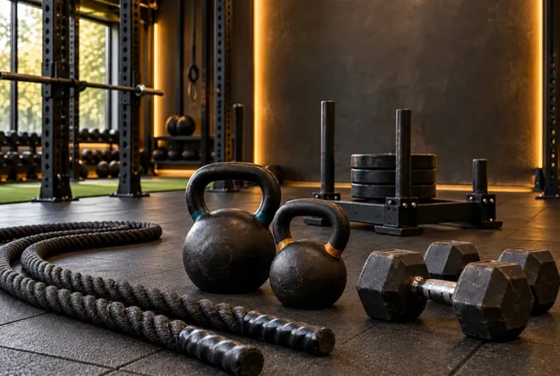 Kettlebells, battle ropes and dumbbells on a gym floor
