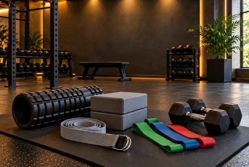 Foam roller, yoga blocks, strap and resistance bands