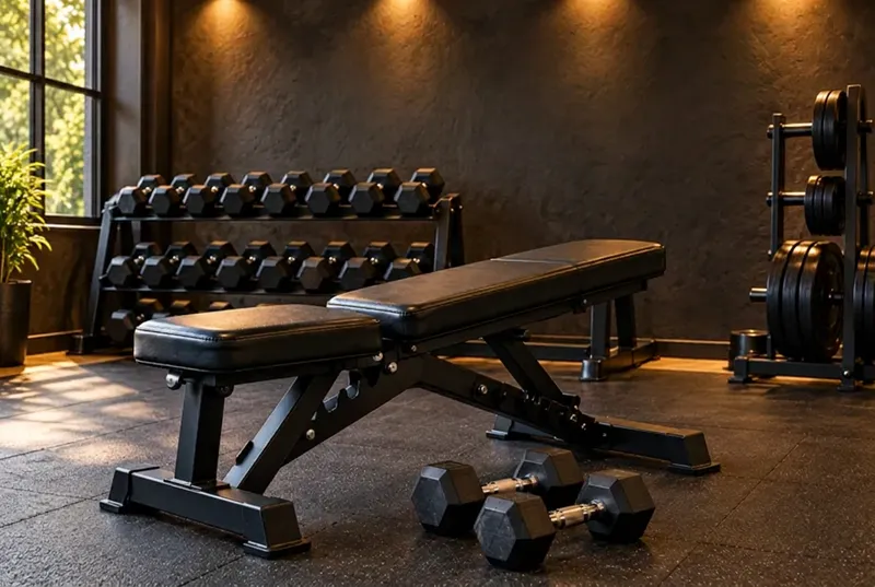 Adjustable bench and dumbbells in a gym